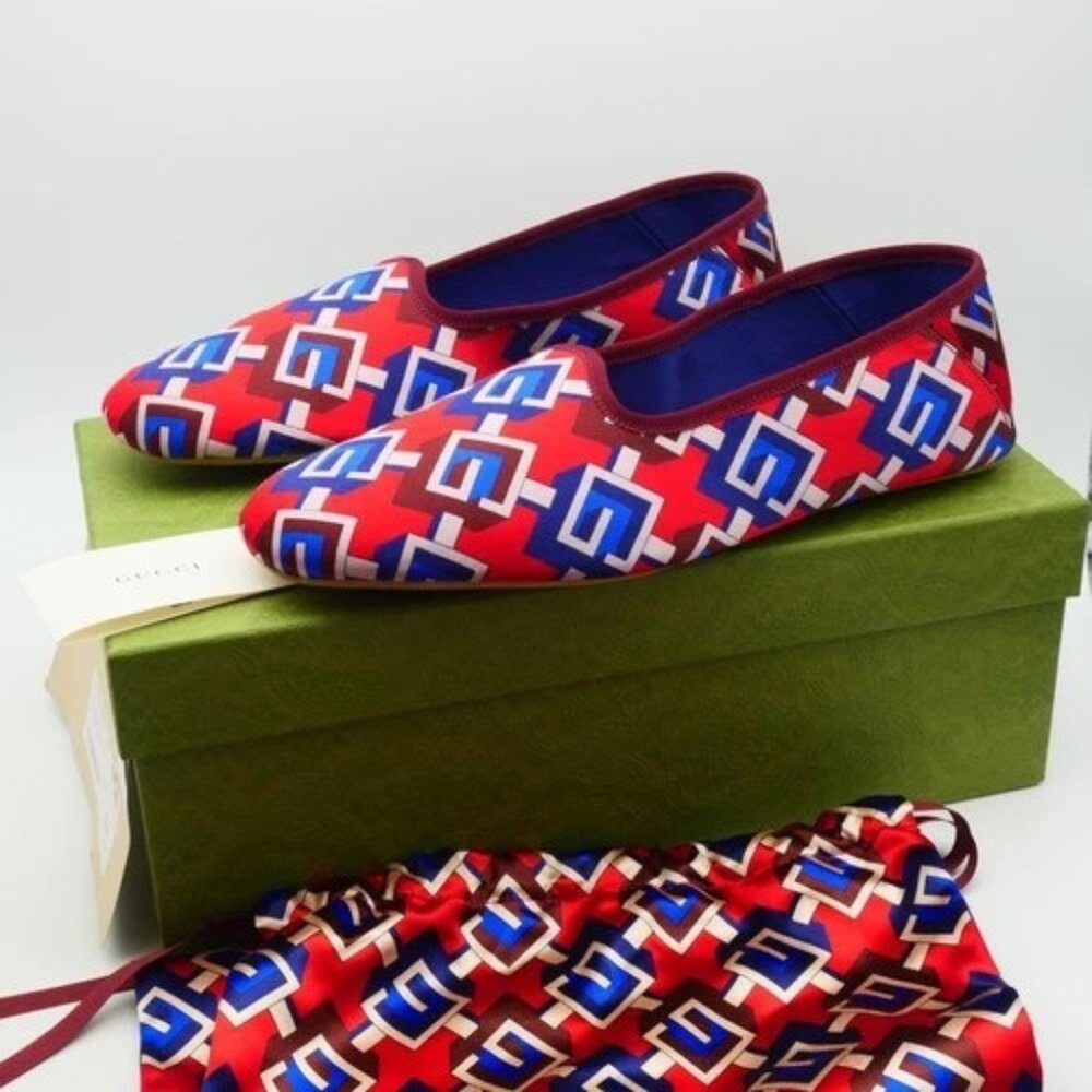🚫 Sold 🚫 8 Gucci Red Satin Voyage Geometric Print Slipper Shoes NIB,